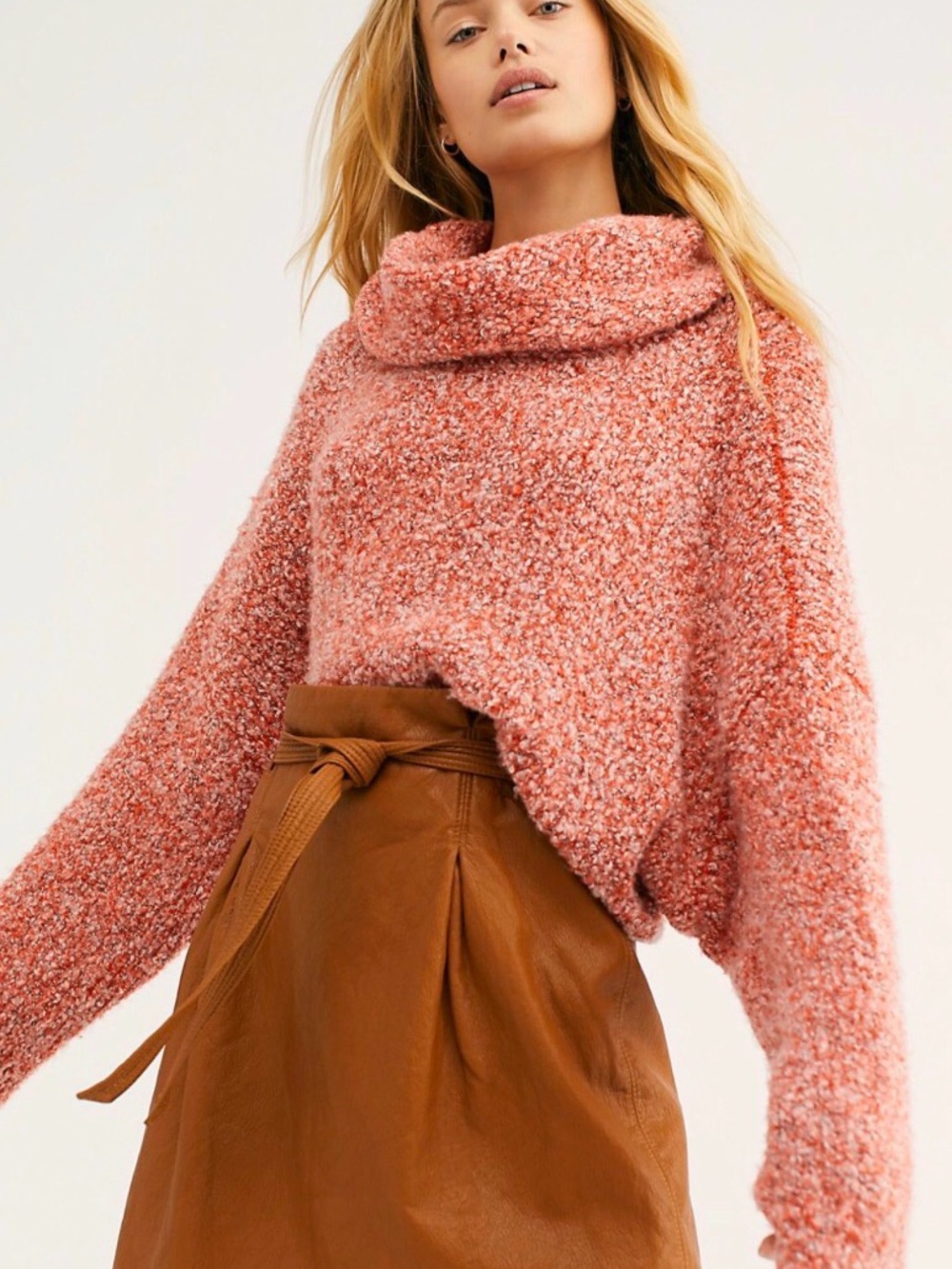 Free People Pink and Orange Bouclé Cowl Neck Sweater